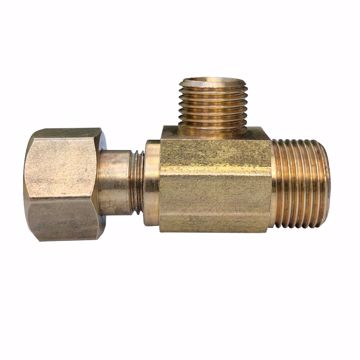 Picture of Brass Compression Easy Connect Tee, 3/8" FIP Compression Swivel x 3/8" MIP Compression x 1/4" MIP Compression