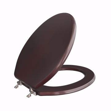 Picture of Mahogany Designer Wood Toilet Seat with Piano Finish, Closed Front with Cover, Brushed Nickel Hinges, Elongated