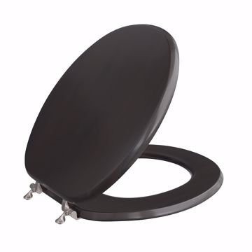 Picture of Walnut Designer Wood Toilet Seat with Piano Finish, Closed Front with Cover, Brushed Nickel Hinges, Round