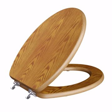 Picture of Oak Designer Wood Toilet Seat, Closed Front with Cover, Chrome Hinges, Elongated