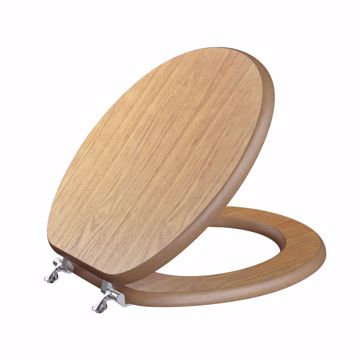 Picture of Oak Designer Wood Toilet Seat, Closed Front with Cover, Chrome Hinges, Round