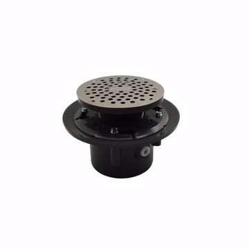 Picture of 3" x 4" Heavy Duty PVC Drain Base with 3" Plastic Spud and 6" Stainless Steel Strainer