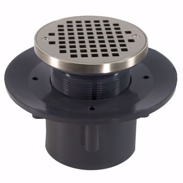 Picture of 2" x 3" Heavy Duty PVC Slab Drain Base with 3" Plastic Spud and 6" Nickel Bronze Strainer with Ring