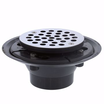 Picture of 2" x 3" PVC Shower Drain with 2" PVC Spud and 4-1/4" Round Stainless Steel Strainer