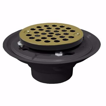 Picture of 2" x 3" PVC Shower Drain with 2" PVC Spud and 4" Round Polished Brass Strainer