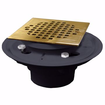 Picture of 2" x 3" PVC Shower Drain with 2" PVC Spud and 4" Square Polished Brass Cast Strainer