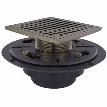 Picture of 2" x 3" PVC Perfect Low Profile Shower Drain/Floor Drain with Brass Spud and 4" Brushed Nickel Square Strainer