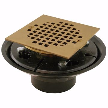 Picture of 2" x 3" ABS Shower Drain with 2" Brass Spud and 4" Square Polished Brass Strainer
