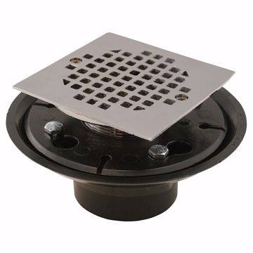 Picture of 2" x 3" ABS Shower Drain with 2" Brass Spud and 4" Square Chrome Plated Strainer