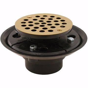 Picture of 2" x 3" ABS Shower Drain with 2" ABS Spud and 4" Round Polished Brass Strainer