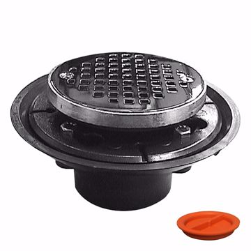 Picture of 2" x 3" ABS Shower Drain with 2" ABS Spud and 4" Round Chrome Plated Cast Strainer with Grout Ring and Test Plug