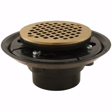Picture of 2" x 3" ABS Shower Drain with 2" ABS Spud and 4" Round Polished Brass Cast Strainer