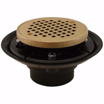 Picture of 2" x 3" ABS Shower Drain with 2" Metal Spud and 4" Round Polished Brass Cast Strainer with Grout Ring
