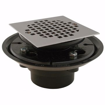 Picture of 2" x 3" ABS Shower Drain with 2" ABS Spud and 4" Square Chrome Plated Cast Strainer