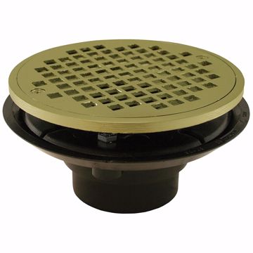 Picture of 2" x 3" ABS Shower Drain with 2" Brass Spud and 6" Round Polished Brass Strainer