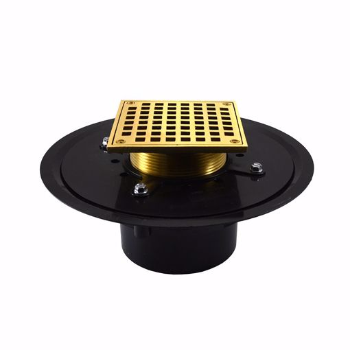 Picture of 4" Heavy Duty ABS Drain Base with 3-1/2" Metal Spud and 6" Polished Brass Strainer