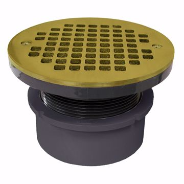 Picture of 4" PVC Hub Fit Drain Base with 3-1/2" Plastic Spud and 6" Polished Brass Strainer