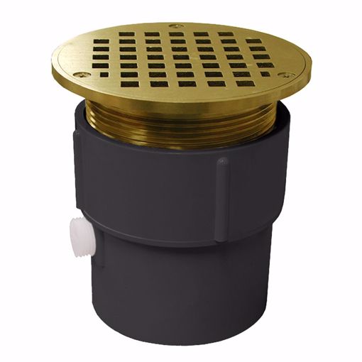 Picture of 3" x 4" PVC Pipe Fit Drain Base with 3-1/2" Metal Spud and 5" Polished Brass Strainer