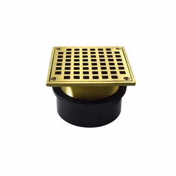 Picture of 4" ABS Hub Fit Drain Base with 3-1/2" Metal Spud and 5" Polished Brass Strainer