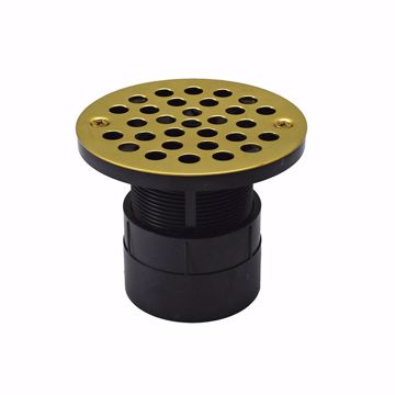 Picture of 2" ABS Over Pipe Fit Drain Base with 2" Plastic Spud and 4" Polished Brass Stamped Strainer