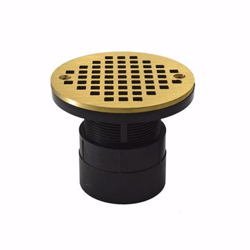Picture of 2" ABS Over Pipe Fit Drain Base with 2" Plastic Spud and 4" Polished Brass Cast Strainer