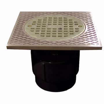 Picture of 3" x 4" ABS Pipe Fit Drain Base with 3-1/2" Plastic Spud and 5" Nickel Bronze Strainer