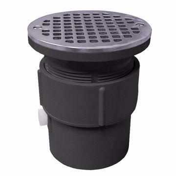Picture of 3" x 4" PVC Pipe Fit Drain Base with 3-1/2" Plastic Spud and 5" Stainless Steel Strainer