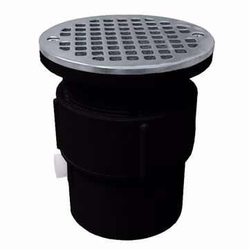 Picture of 3" x 4" ABS Pipe Fit Drain Base with 3-1/2" Plastic Spud and 5" Stainless Steel Strainer