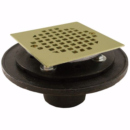 Picture of 2" FIP Shower/Floor Drain with 6-1/2" Pan and 4" Polished Brass Cast Square Strainer