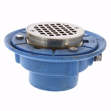 Picture of 3" No Hub Code Blue Floor Drain with 7" Pan and 4" Nickel Bronze Round Strainer- Height 3-3/4" - 4-7/16"