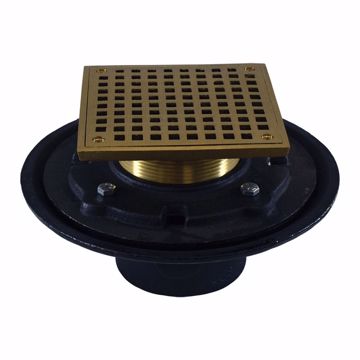 Picture of 4" Heavy Duty No Hub Floor Drain/Shower Drain with 10" Pan and 6" Polished Brass Square Strainer - Height 4-3/4" - 6-3/4"
