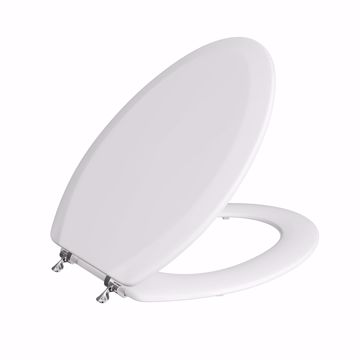 Picture of White Deluxe Molded Wood Toilet Seat, Closed Front with Cover, Chrome Hinges, Elongated