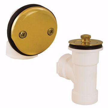 Picture of Polished Brass Two-Hole Friction Lift Bath Waste Kit, Direct T-Waste Half Kit, White Plastic
