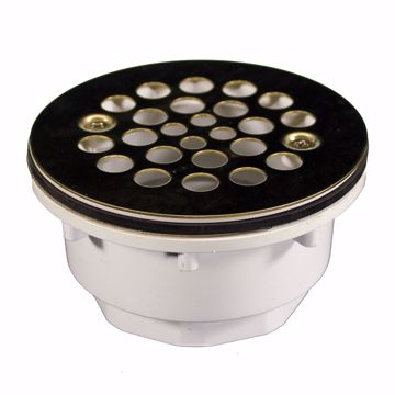 Picture of 2" PVC Shower Stall Drain with Receptor Base and Polished Brass Strainer