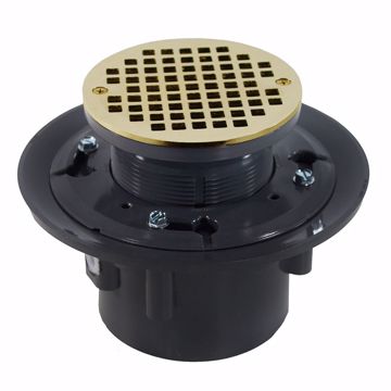 Picture of 2" x 3" Heavy Duty PVC Drain Base with 3-1/2" Plastic Spud and 5" Polished Brass Strainer