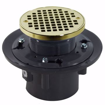 Picture of 2" x 3" Heavy Duty PVC Drain Base with 3-1/2" Plastic Spud and 5" Polished Brass Strainer with Ring