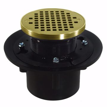 Picture of 2" x 3" Heavy Duty ABS Drain Base with 3-1/2" Plastic Spud and 5" Polished Brass Strainer with Ring