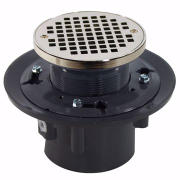 Picture of 2" x 3" Heavy Duty PVC Drain Base with 3-1/2" Plastic Spud and 6" Nickel Bronze Strainer with Ring