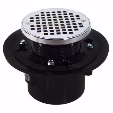 Picture of 2" x 3" Heavy Duty ABS Drain Base with 3-1/2" Plastic Spud and 6" Chrome Plated Strainer with Ring
