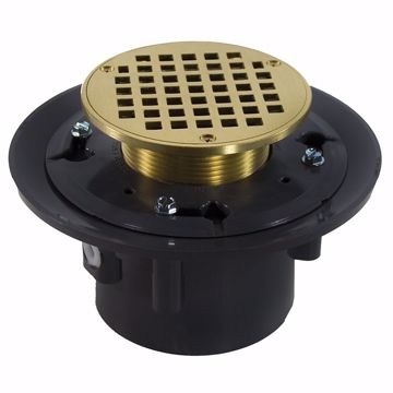 Picture of 2" x 3" Heavy Duty PVC Drain Base with 3-1/2" Metal Spud and 4" Polished Brass Strainer