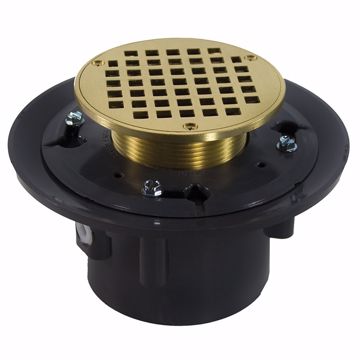 Picture of 2" x 3" Heavy Duty PVC Shower Drain with 3-1/2" Metal Spud and 5" Round Polished Brass Strainer