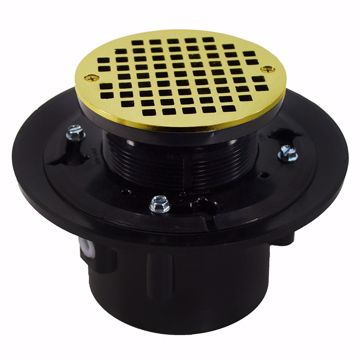 Picture of 3"x 4" Heavy Duty ABS Drain Base with 3-1/2" Plastic Spud and 5" Polished Brass Strainer