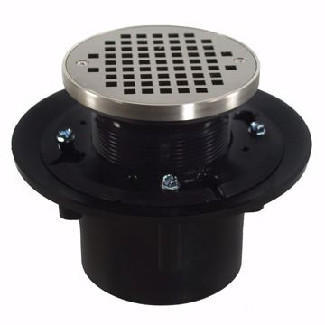 Picture of 3"x 4" Heavy Duty ABS Drain Base with 3-1/2" Plastic Spud and 5" Nickel Bronze Strainer with Ring