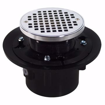 Picture of 3" x 4" Heavy Duty ABS Drain Base with 3-1/2" Plastic Spud and 5" Chrome Plated Strainer with Ring