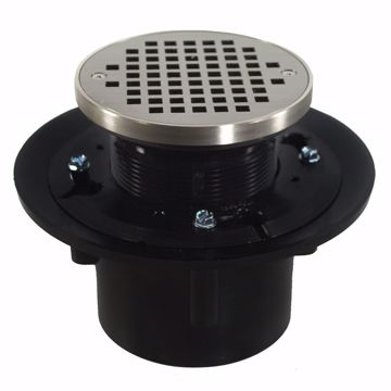 Picture of 3" x 4" Heavy Duty ABS Drain Base with 3-1/2" Plastic Spud and 6" Nickel Bronze Strainer with Ring