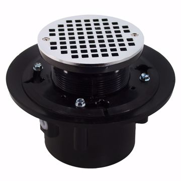 Picture of 3" x 4" Heavy Duty ABS Drain Base with 3-1/2" Plastic Spud and 6" Chrome Plated Strainer
