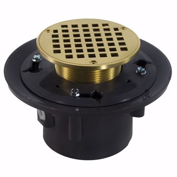 Picture of 3" x 4" Heavy Duty PVC Drain Base with 3-1/2" Metal Spud and 6" Polished Brass Strainer