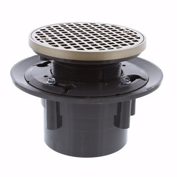 Picture of 4" Heavy Duty PVC Drain Base with 3-1/2" Plastic Spud and 6" Nickel Bronze Strainer with Ring
