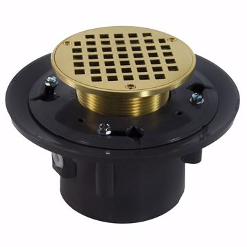 Picture of 4" Heavy Duty PVC Drain Base with 3-1/2" Metal Spud and 4" Polished Brass Strainer