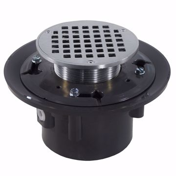 Picture of 4" Heavy Duty PVC Drain Base with 3-1/2" Metal Spud and 5" Chrome Plated Strainer